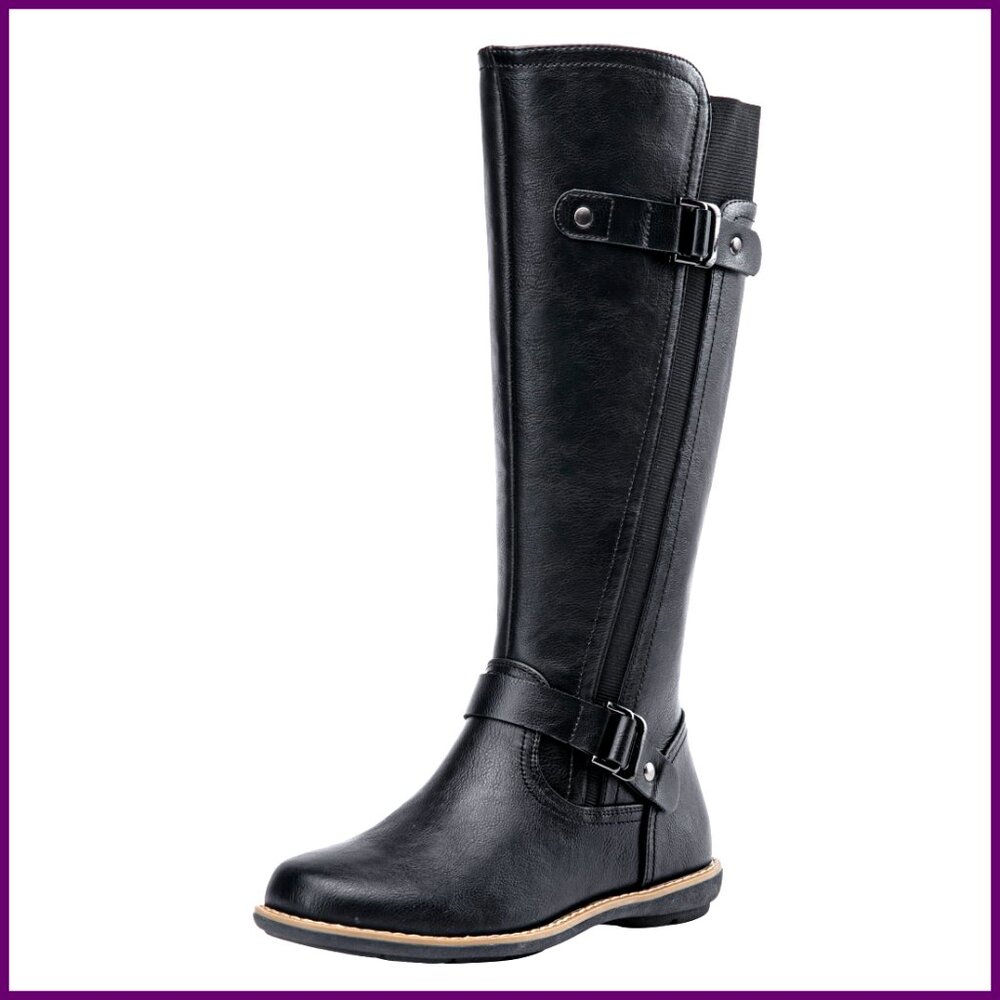 Knee-High Riding Boots with Buckle, Side Zip, Synthetic Leather, Size 6